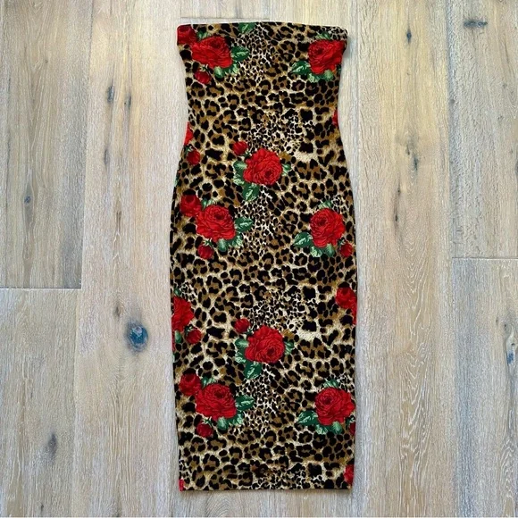 DNA Couture Leopard Print Strapless Midi Dress with Red Rose Accents - Medium - Picture 15 of 16
